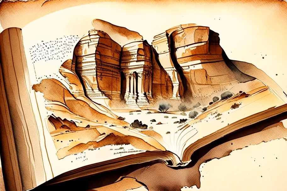 Petra Landscapes Carved Into Books S<AI watercolor and ink, sepia