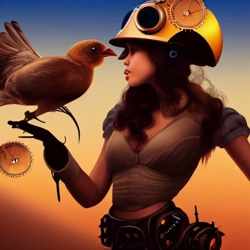 great illustrator, spanish, realistic rendering of a cute spanish girl kissing a small robotic bird, beautiful, steampunk style. Helmet with tubes. Machinery in the background. robotic bird flying. High details. 4k. unreal engine, sunset