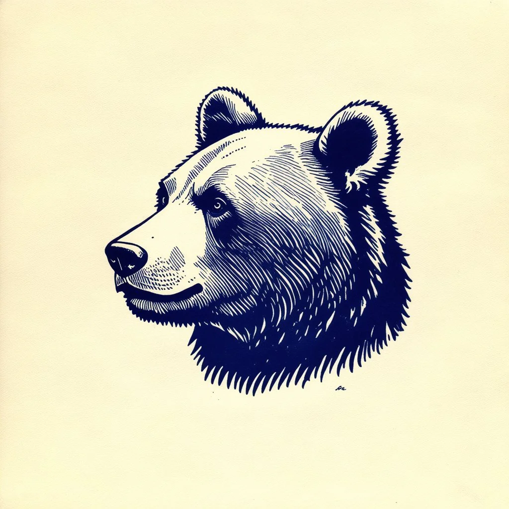 sideview of bear head, 70s comics style, block print with indigo ink on creamy paper texture, strong contrast