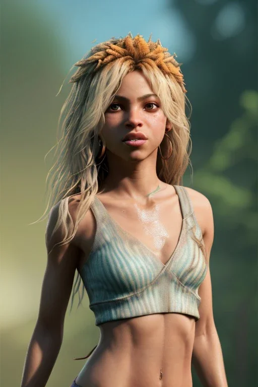 Shakira artist, Realistic image, natural waist up portrait. vibrant color, highly detailed, art stations, concept art, smooth, unreal engine 5, god lights, ray tracing, RTX, lumen lighting, ultra detail, volumetric lighting, 3d, finely drawn, high definition, 4k.