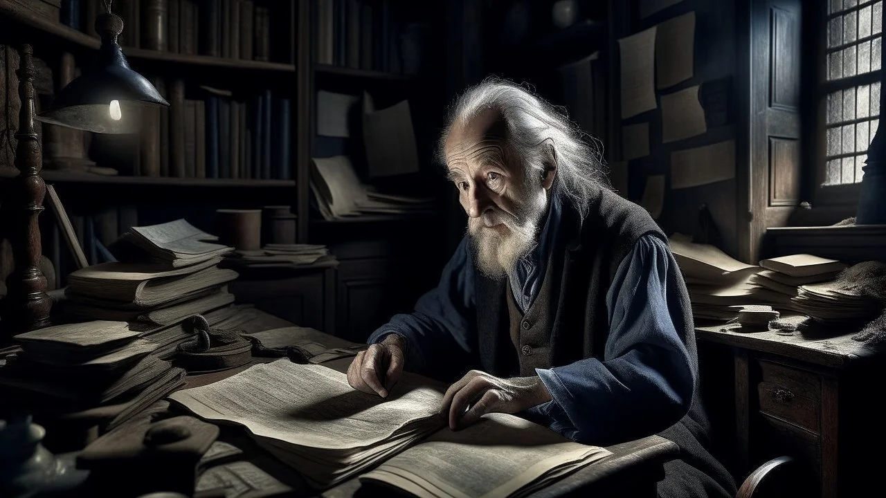 In a dark corner of his old laboratory filled with books and strange tools, researcher Dr. Alexander standing in front of a wooden table covered with old paper and manuscripts. His blue eyes were studying the pages of the books intently, and his thick gray hair was falling gently on his forehead. His facial features exuded a whiff of wisdom and determination. In the middle of this dark laboratory, a faint light glows streaming from a narrow window opening. This light flows through the mines of