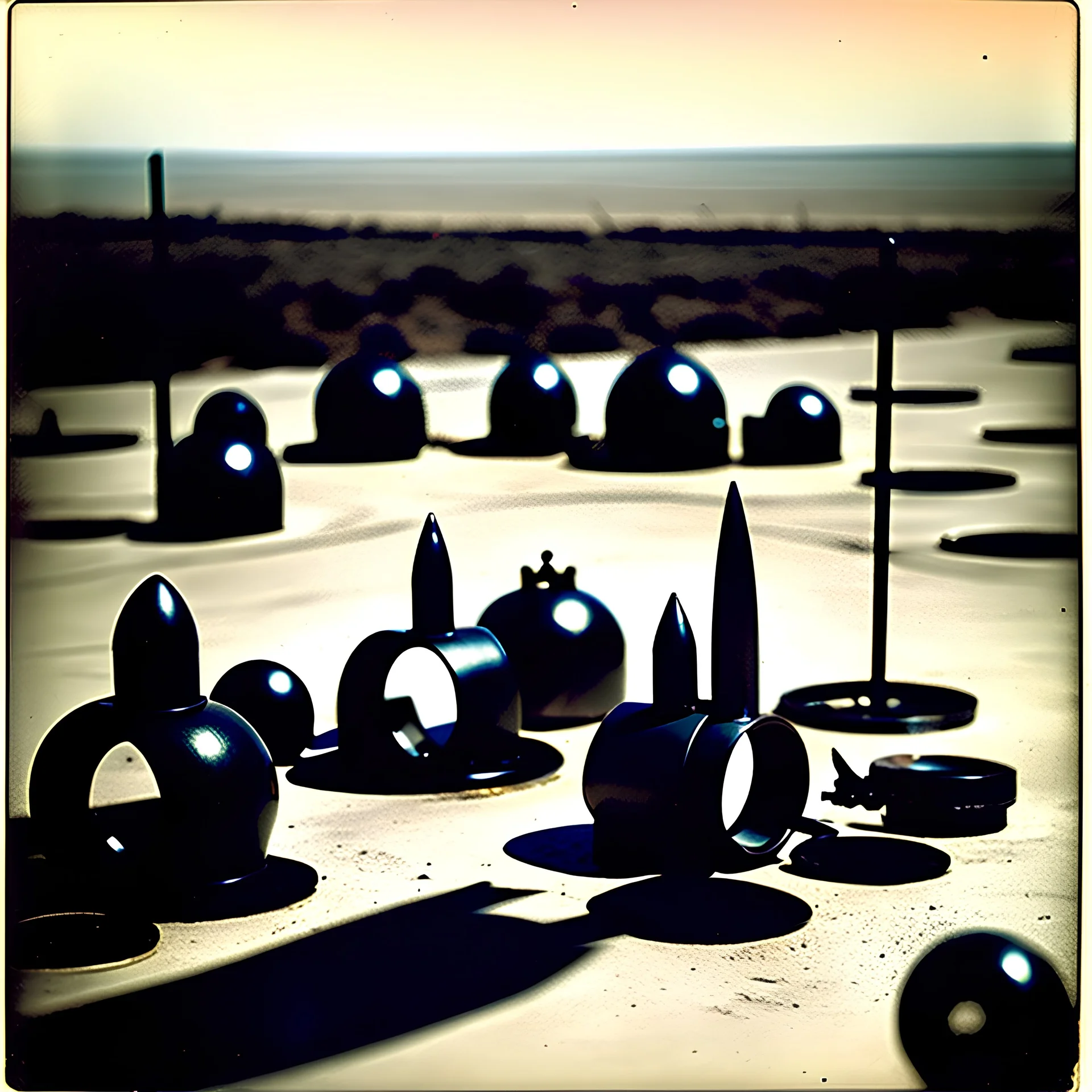 Odd spindle-shaped objects scattered over an arid surface, nothingness, close-up, polaroid, in Yves Tanguy style, nightmare, highly hypermaximalist