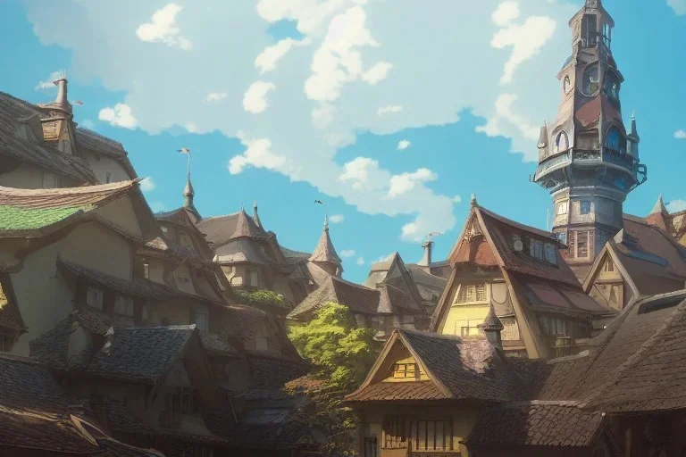 a wholesome animation key shot of a traditional city with tiled roofs, architecture, very detailed, medium shot, studio ghibli, pixar and disney animation, sharp, rendered in unreal engine 5, anime key art by greg rutkowski, bloom, dramatic lighting, blue sky with clouds