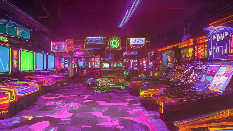 A dark photo of the corners of an 80's aesthetics arcade at night, with a lot of functioning arcade machines, a vaporwave floor and some colorful tiles in between the floor. Purple aesthetics.