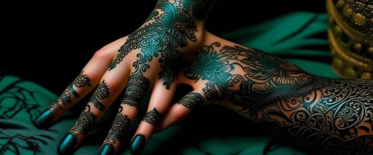 A blackish teal swamp make out of iron and energy designed in Mehndi design