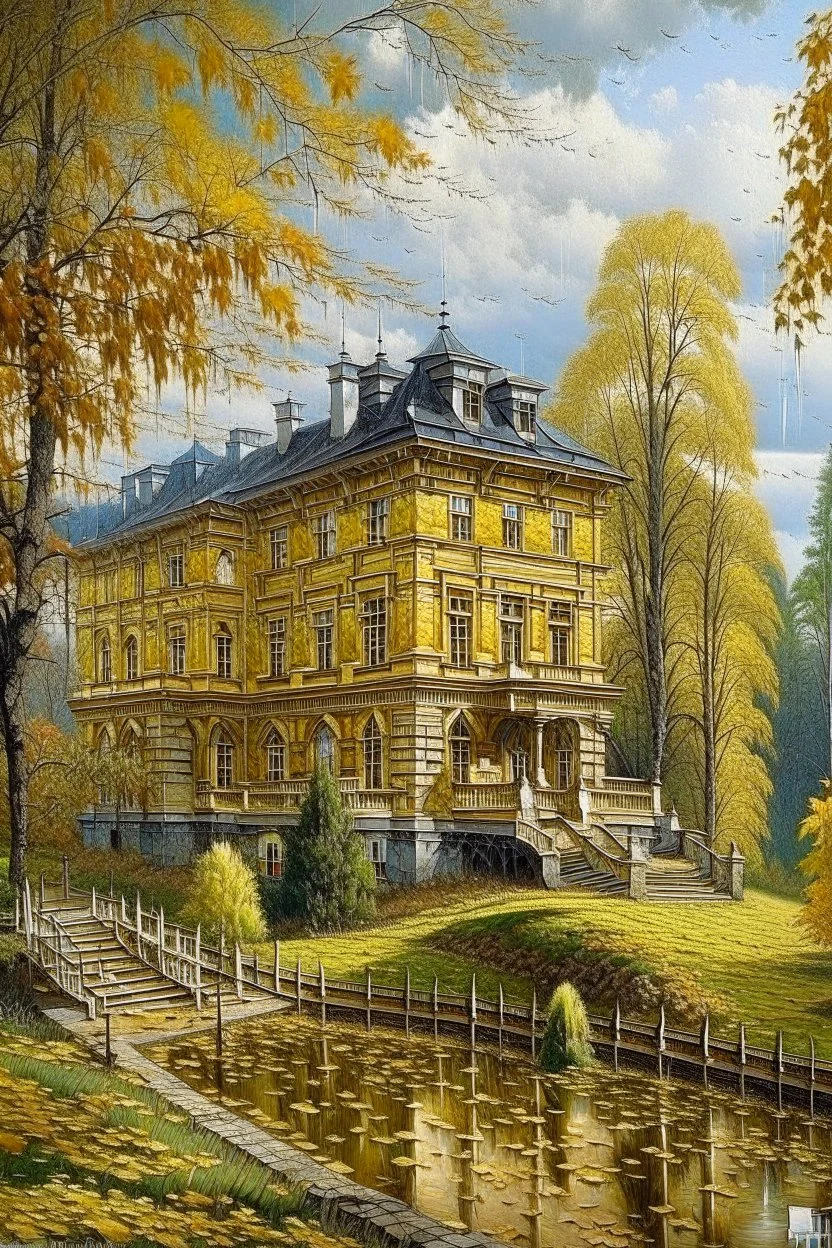 19th century. Mesmerizing, ultra-realistic nature - golden autumn, THERE IS A HEAVY downpour. In the background is a Russian manor of a landowner on one floor. The building is wooden on the 1st floor.