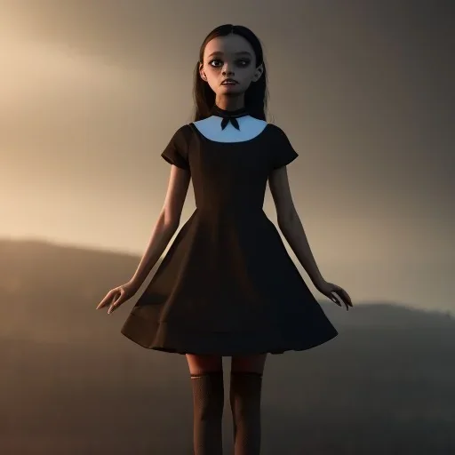 Female Jenna ortega black dress,soft goth libstick, wednesday addams make up, dramatic lighting, highly detailed, volumetric lighting, unreal engine, 8k