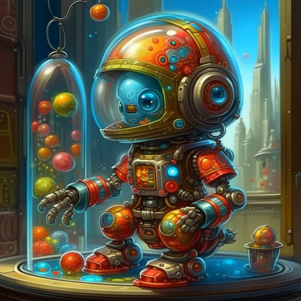 Prompt: "In the style of Chris Dunn, concept art for a transparent glass baby robot full of gumballs who is also a gumball machine. He has big eyes and a transparent helmet full of gumballs and is juggling gumballs in front of a futuristic cityscape. The art has a steampunk and a retro science fiction style with vibrant colors. It is a digital illustration with high detail. The background features a fantasy world with an epic composition and cinematic lighting."