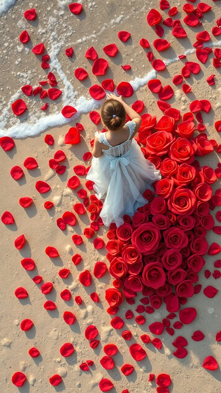 view from above,extending beach from above,girl in fantasy dress made of giant fractal nautical red roses flower foam sea petals on sand,celadon, ultra-detailed from a bird's eye view,hd