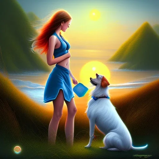 tablet on the beach, girl with dog, fantasy art, computer graphics