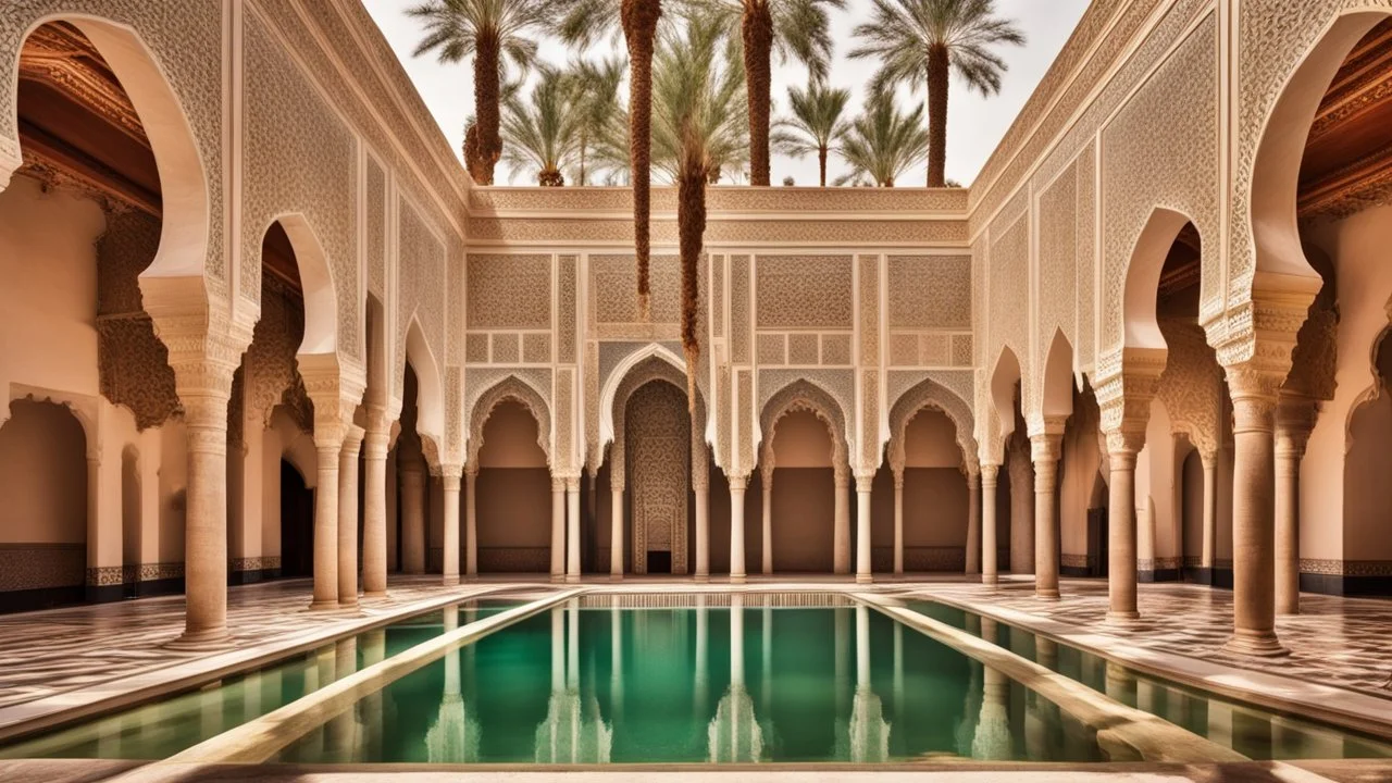 a pool surrounded by arches and palm trees, arabic architecture, moorish architecture, moroccan mosque, islamic architecture, a pool inside the giant palace, ornate palace made of green, morocco, fountains and arches, stunning grand architecture, mediterranean architecture, moroccan city, marrakech, ornate retreat, futuristic palace, architectural digest photo, gorgeous buildings, stunning architecture, ornate architecture