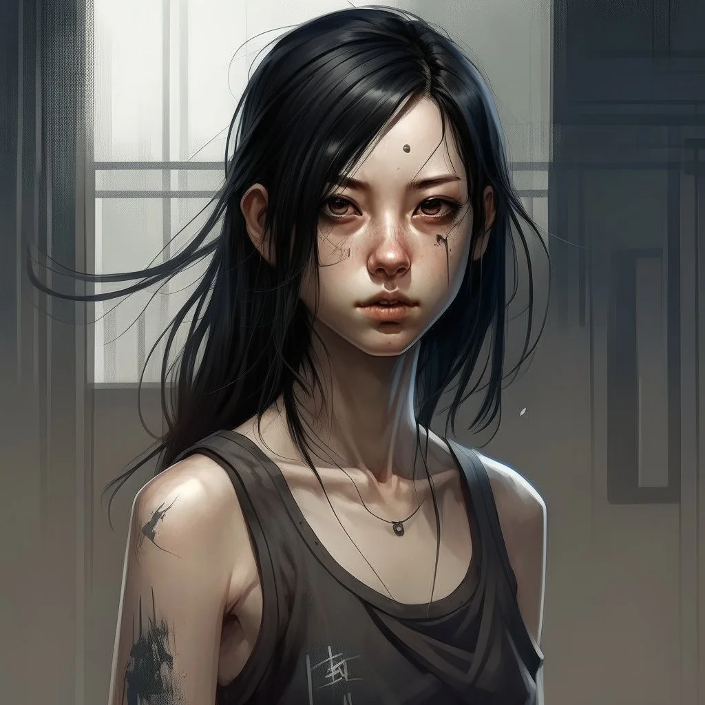 pretty girl, age 15, dystopian, athletic, black hair