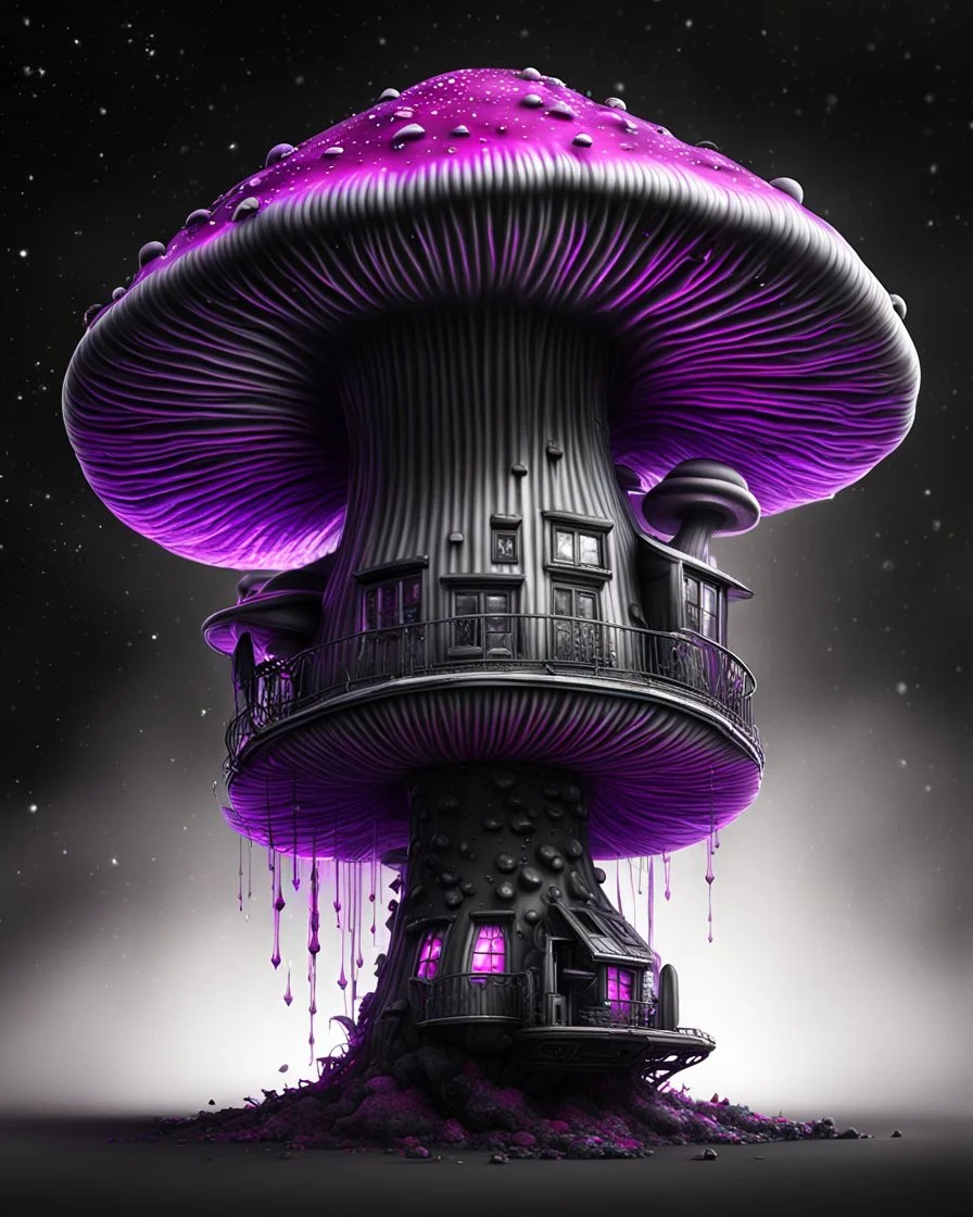 A singular weird floating mushroom house in space. black white and cmyk colors, Dark cosmic galactic interstellar. Detailed Matte Painting, deep color, fantastical, intricate detail, splash screen, hyperdetailed, insane depth, concept art, 8k resolution, trending on Artstation, Unreal Engine 5, color depth, backlit, splash art, dramatic, High Quality Whimsical Fun Imaginative unusual, good composition