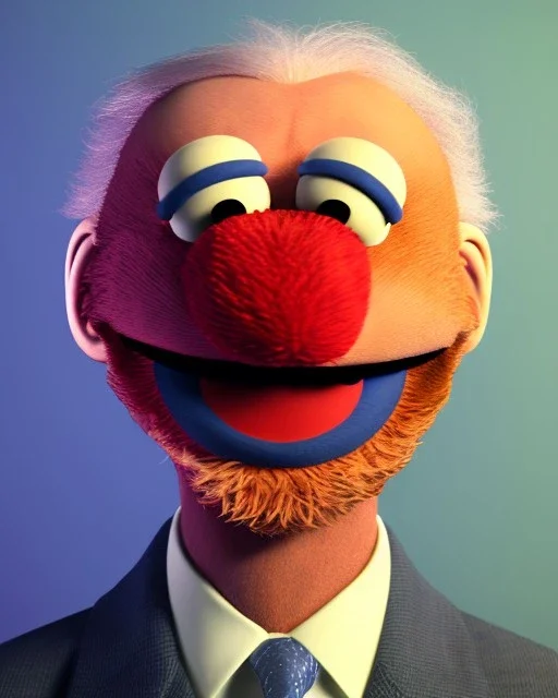 Waist up Portrait, joe Biden as muppet Sesame Street, Blue suit retro style, photo studio, unreal engine 5, concept art, art station, god lights, ray tracing, RTX, lumen lighting, ultra detail, volumetric lighting, 3d.