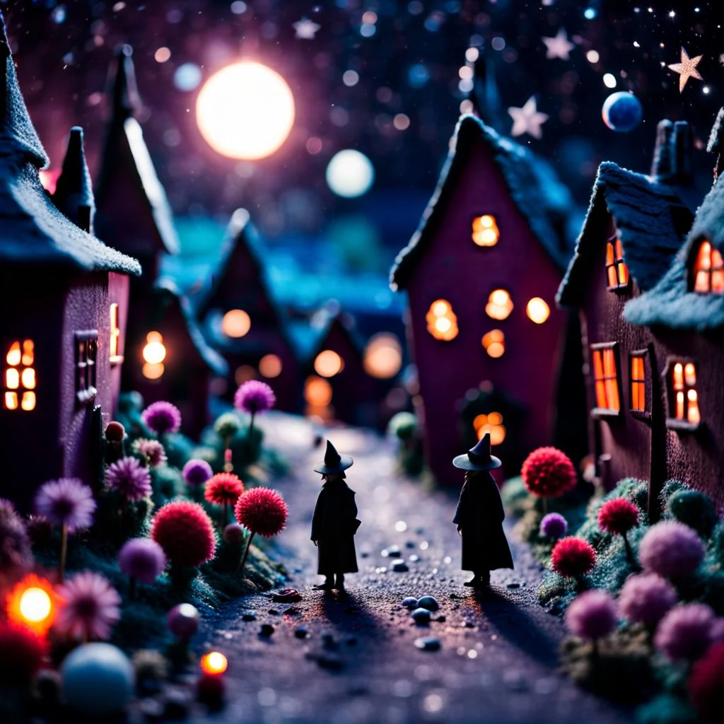 Detailed people, creepy street made of modeling clay and felt, village, stars, galaxy and planets, sun, volumetric light flowers, naïve, Tim Burton, strong texture, extreme detail, Yves Tanguy, decal, rich moody colors, sparkles, Harry Potter, bokeh, odd, shot on Ilford