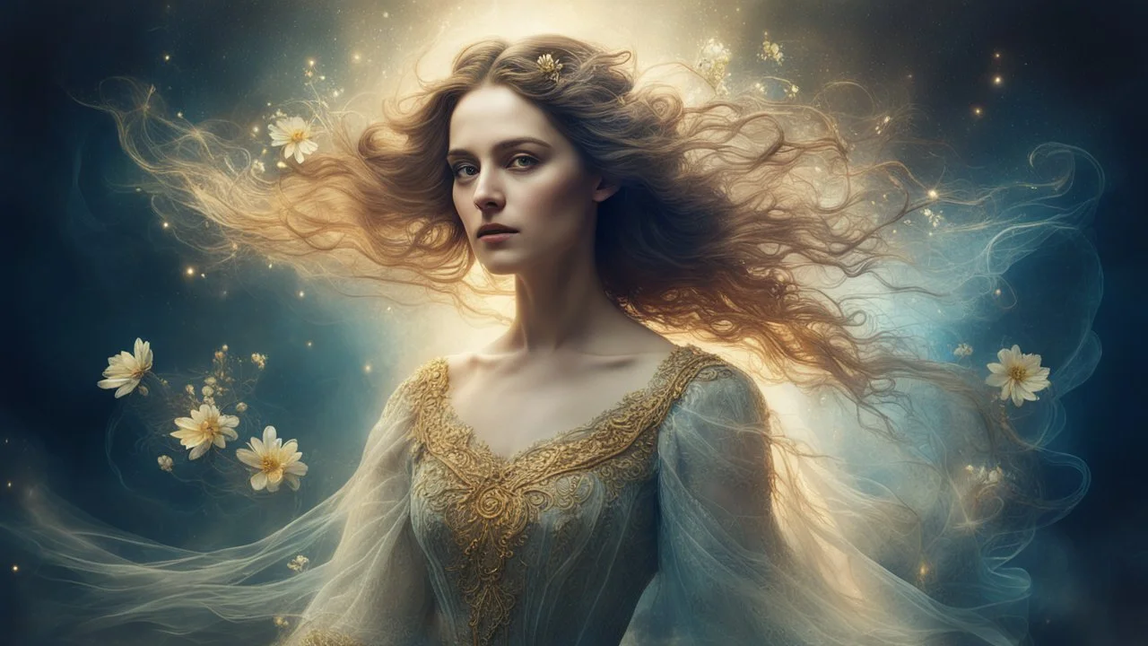 Victorian era, portrait of a beautiful woman 30 years old, beautiful airy dress, double exposure, fantasy, mysticism, night, fog, flowing hair, water, flowers, glare, sparkles, gold, fine drawing, clear lines, bright colors, high resolution, 3D , clear lines, photorealism,