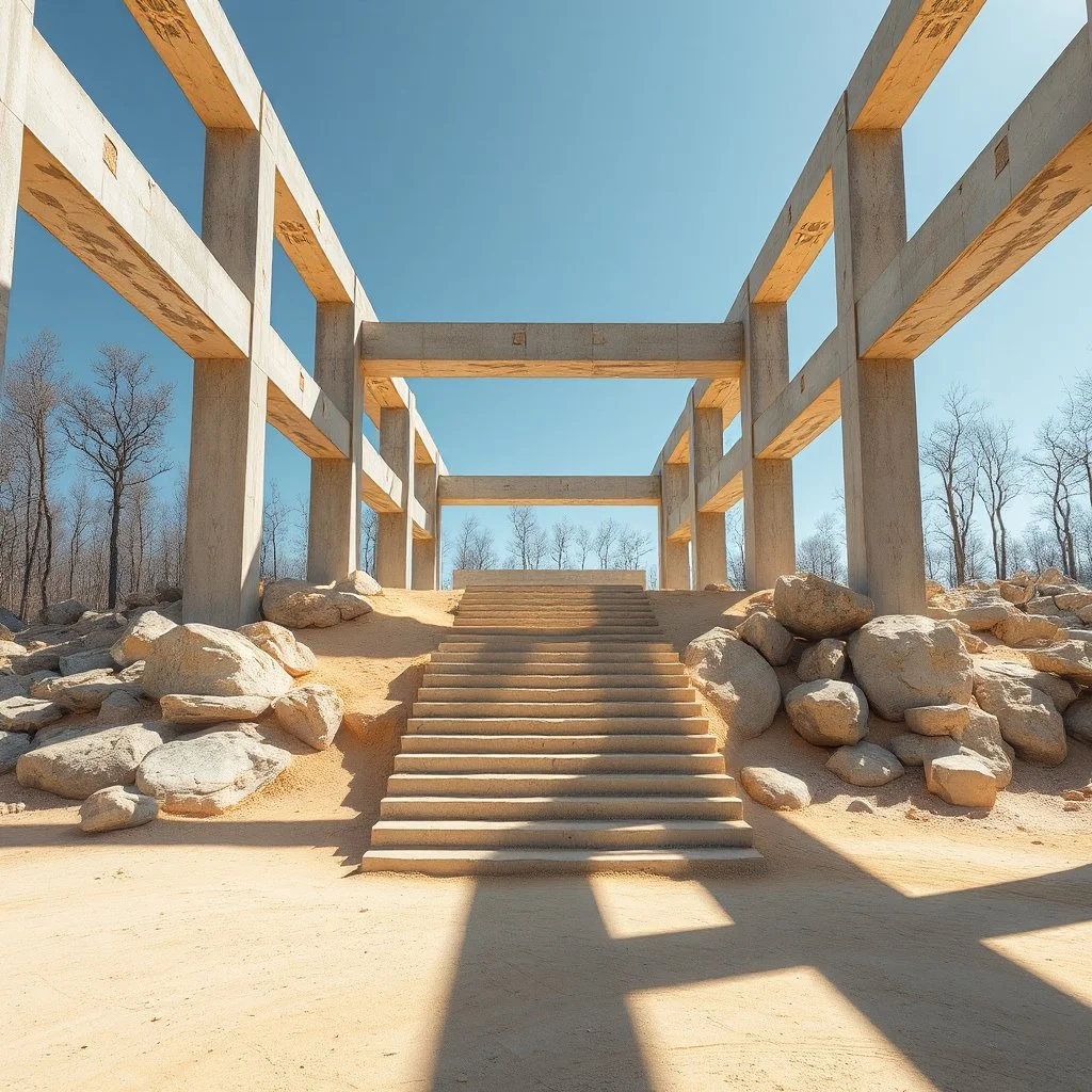 Photograph, wasteland, Maurits Cornelis Escher structure, taiga trees, bright, brutalist steps, daylight, rocce, infinite cage up to the sky, brutalist, liquid, polvere, open air museum style, blue, apparecchi elettronici, powder, yellow rock, minimalist, details of the dust very accentuated, deep 3d field