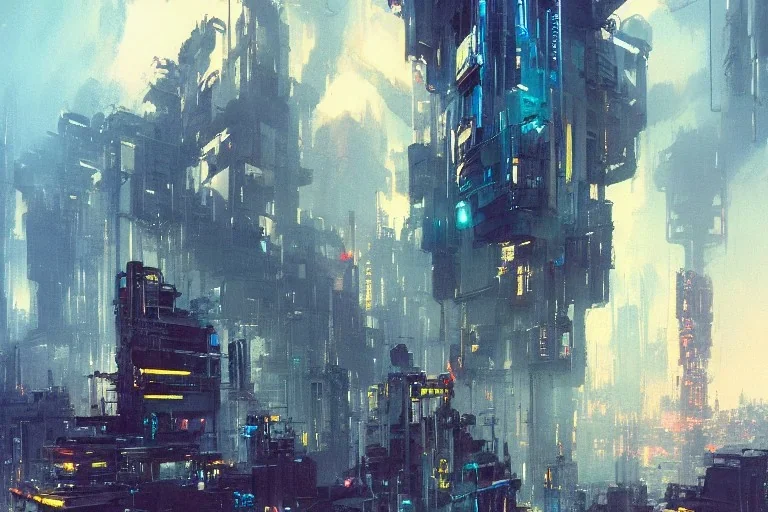 Art by John Berkey and John Harris and Craig Mullins, futuristic cyberpunk city, high rise, smooth, sharp focus, hyper detailed, digital painting, elegant, centered, detailed, neon signs, volumetric lightning, brutalist architecture, 8k, hover cars