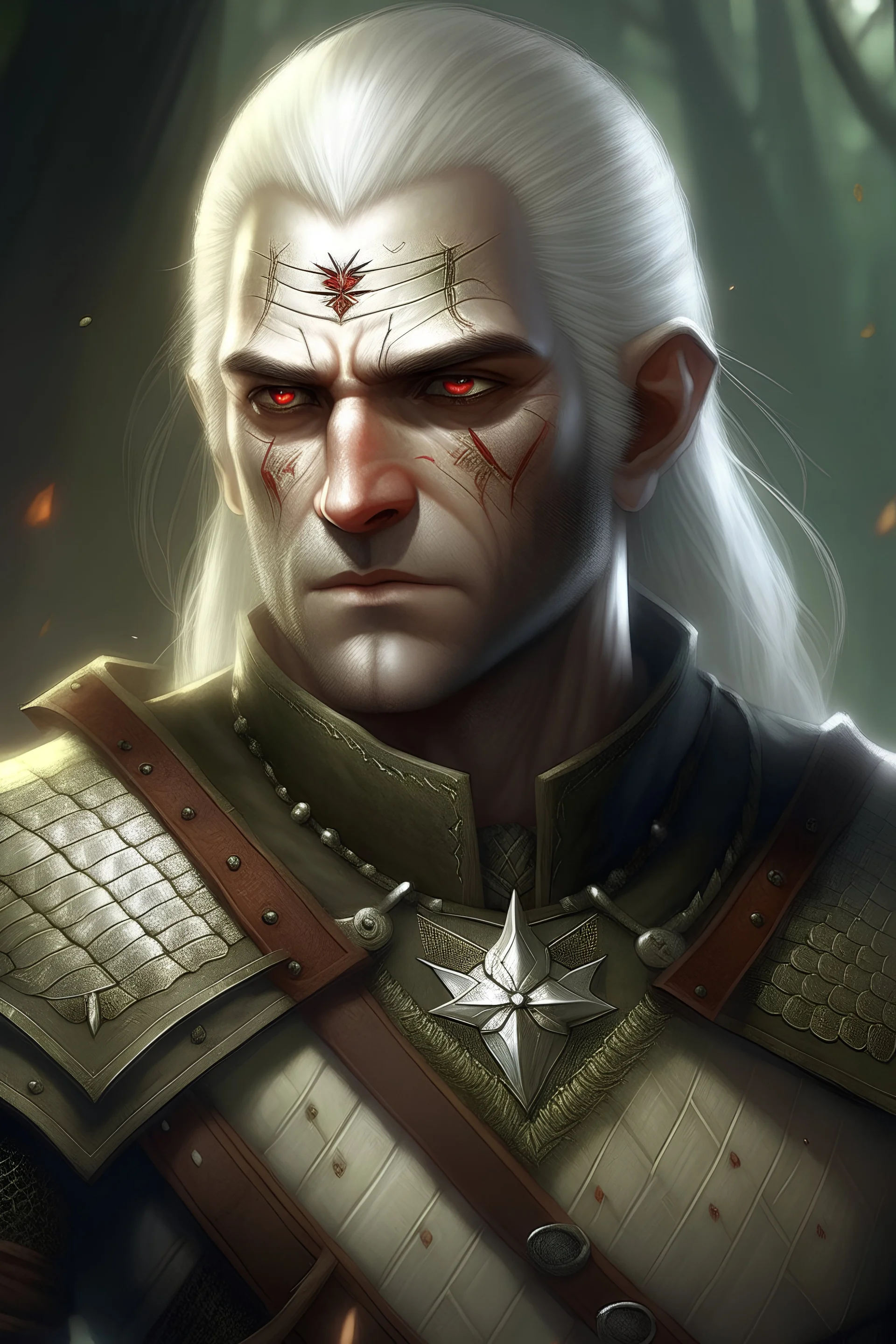 white hair, witcher, light armor, 2 swords, scars, witcher eyes, young