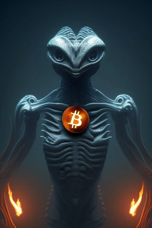 bitcoin alien, Fire theme art, Dark moody night atmosphere, , 8K, close-up face, anatomically perfect face