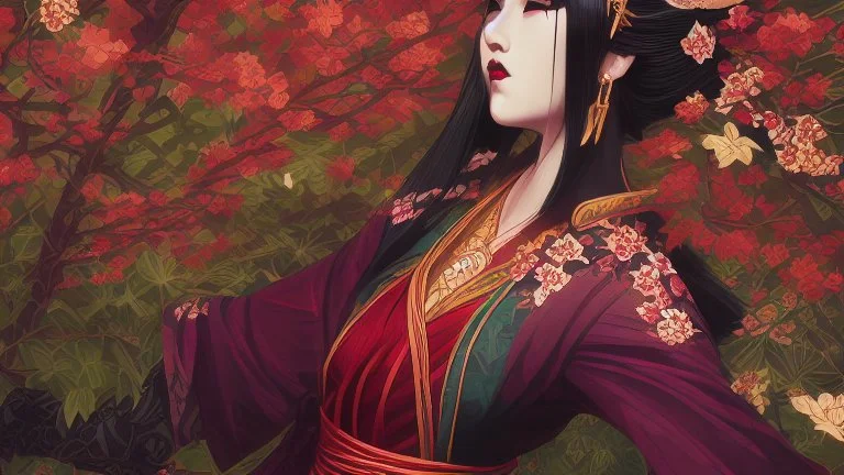 Japanese Geisha, illustration, digital art ,Vintage, Gothic, God Rays, vibrant colours, stylish ,Dark and Gorgeous art , GOD LIGHTING, Eiko Ishioka costume designer,, 32Κ, macro realistic,macro, sunbeams,beautiful, insanely detailed, cherryblossom zen garden, manga,anime,