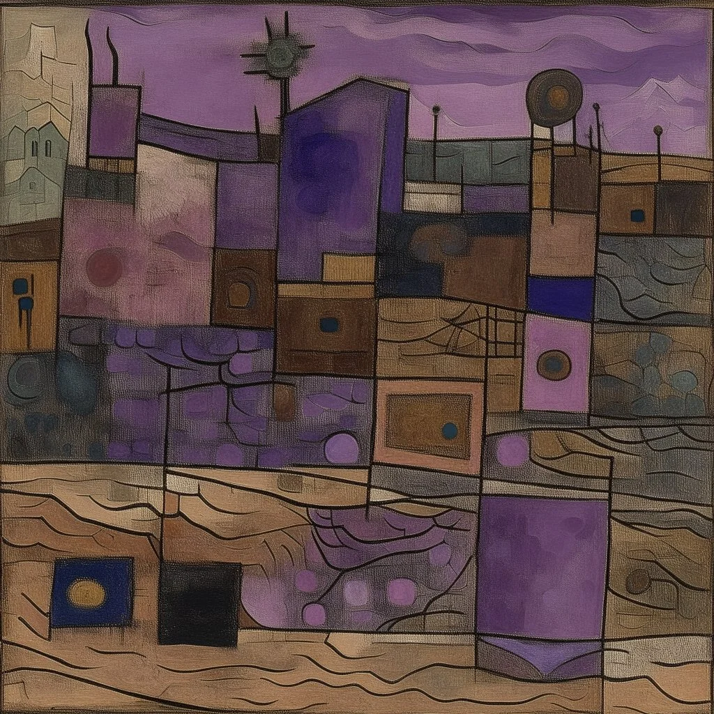 A dark purple landfill covered in poisonous muck painted by Paul Klee