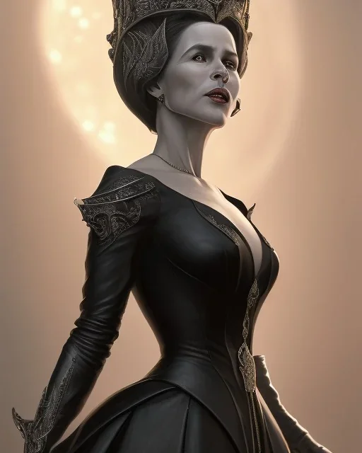 old evil queen in black leather gown, femme fatale, volouptous, busty, cleavage, angry, emperious, 8k resolution concept art portrait by Greg Rutkowski,