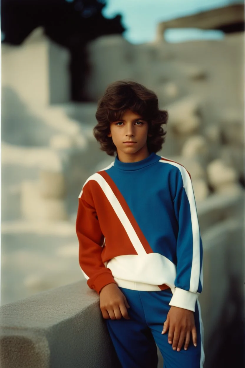 eleven year old mediterranean boy dressed track pants, early 80's color photo