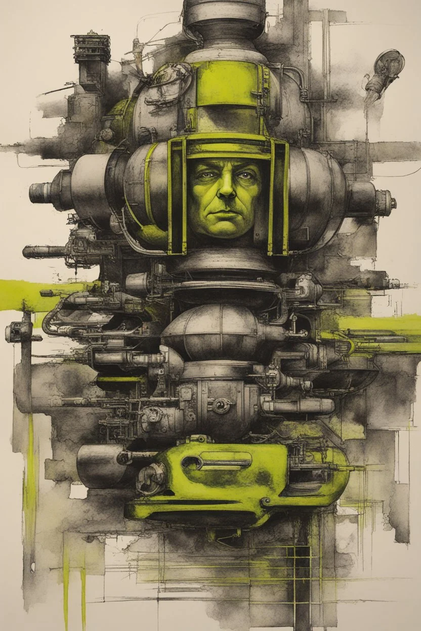 technological acceleration and puritan backlash; black and white Ink wash with Chartreuse accents