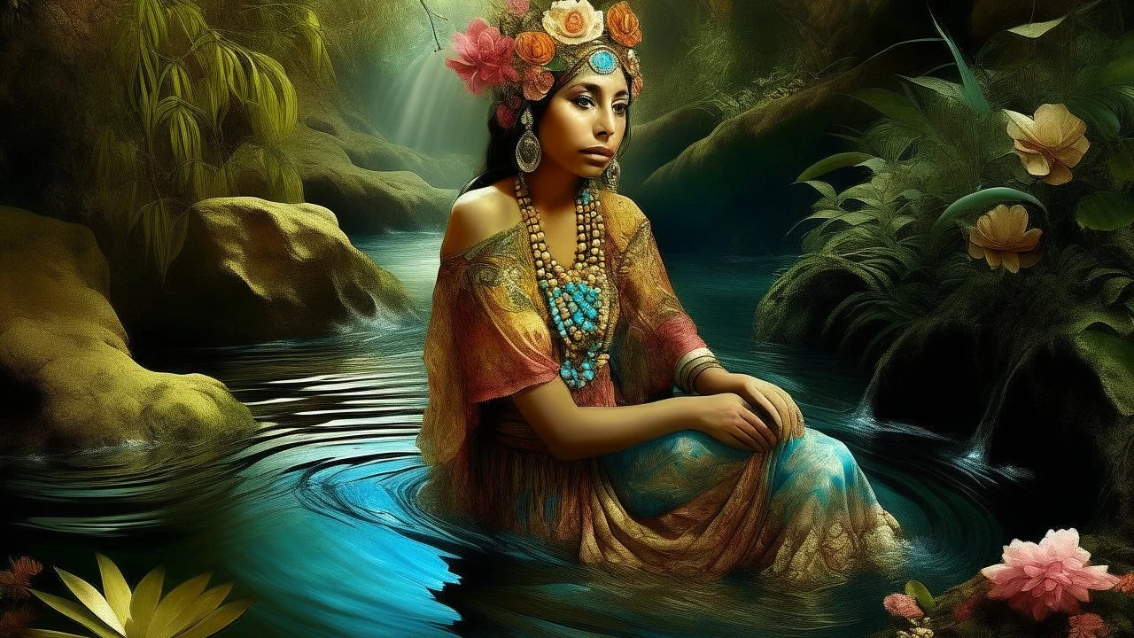 /imagine prompt: woman ninfa water, digital collage, ethnic outfit --s 50 --q 4