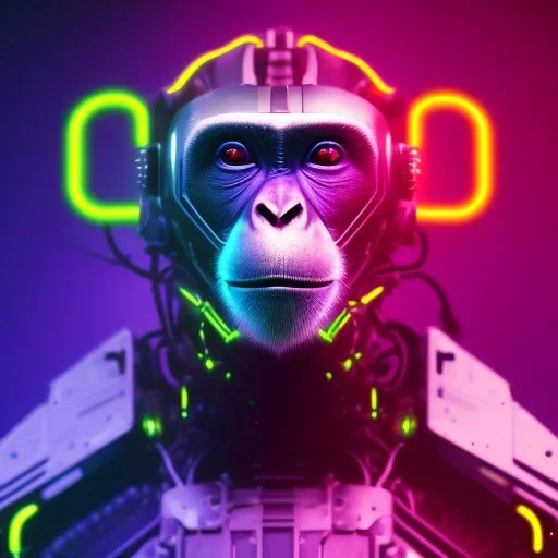 A beautiful portrait of a cyborg monkey purple neon color scheme, high key lighting, volumetric light high details psychedelic background