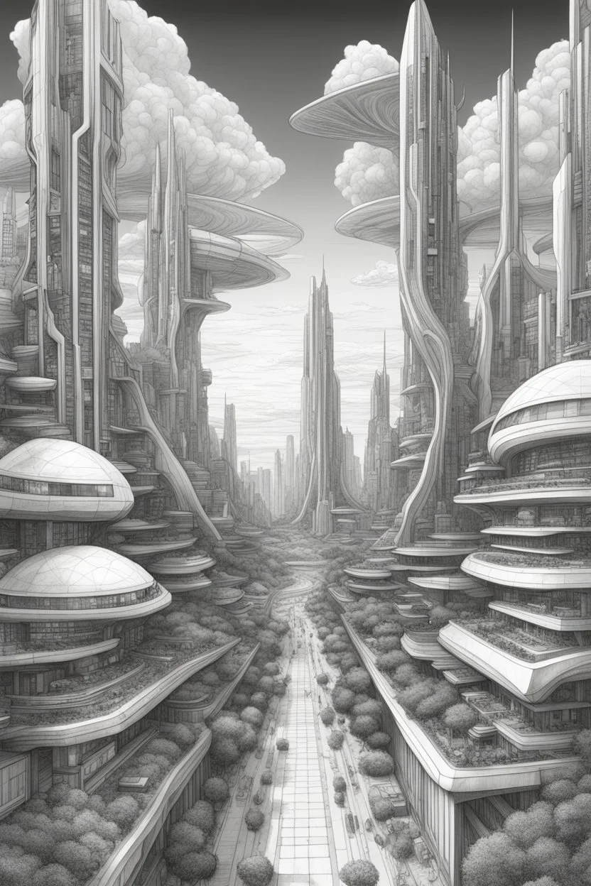 a highly detailed pencil digital drawing of beautiful organic futuristic city in harmony with nature, full screen, fine details and contours, intricate, small minutiae, tiny features, particulars, sharp photo lens, acute outlines, digitally enhanced, least ambient occlusion, sidewalk view from the pedestrian perspective, wide angle camera, volumetric lighting, volumetric clouds, uhd, 8k, vitality colors, for book cover, enscape render,