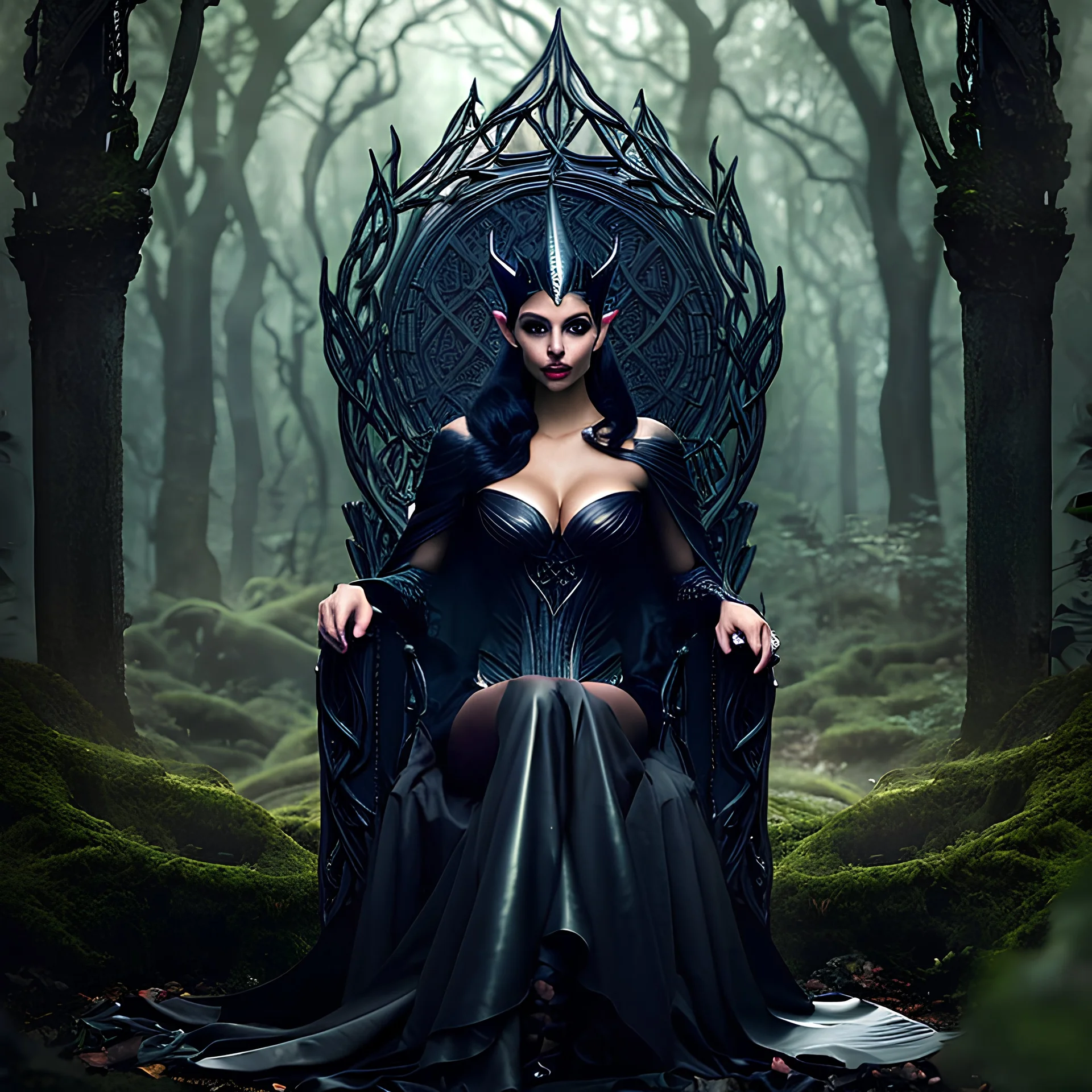 Morena Baccarin as a beautiful sexy dark elf queen seated elegantly on a throne in a mystical forest, dark celtic vignette frame, photo-realistic, cinematic lighting, award-winning photography