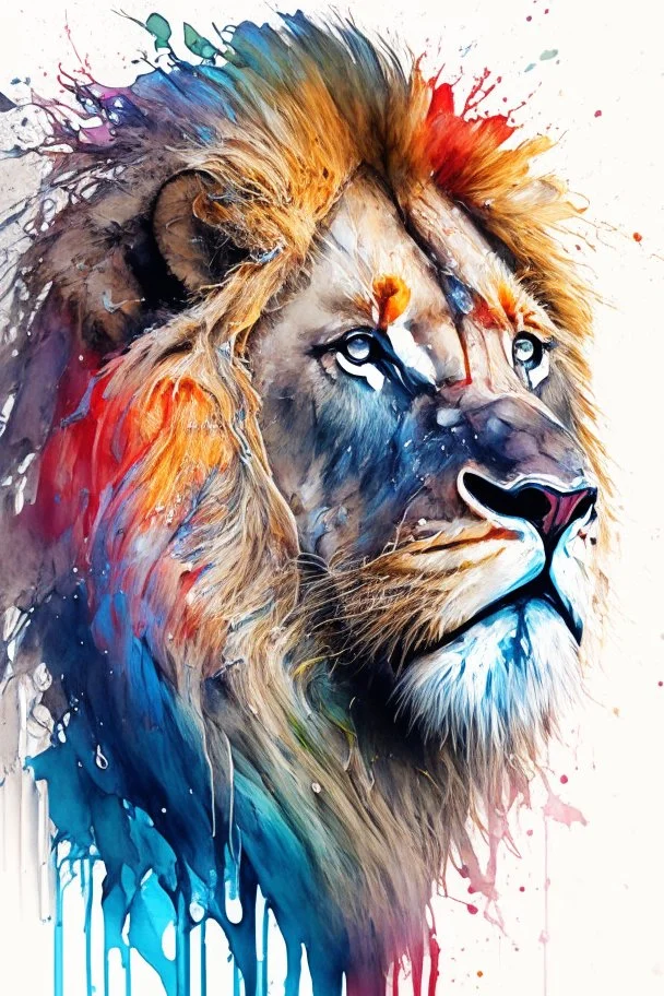 "lion", clean design, art station, splash of colorful paint, contour, ((solid white background)), gazing into camera, hyperdetailed intricately detailed, unreal engine, fantastical, intricate detail, splash screen, complementary colors, fantasy concept art, 8k resolution, DeviantArt masterpiece, watercolor, paint dripping