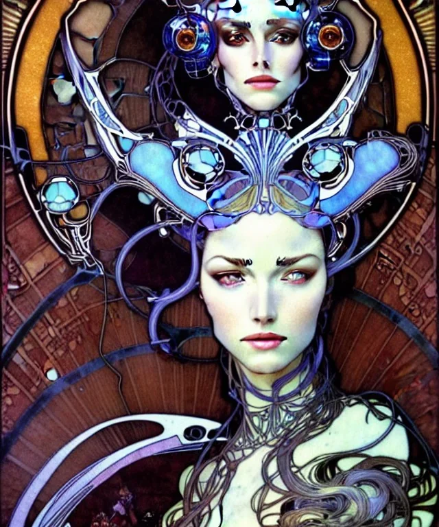 Realistic detailed face portrait of a beautiful futuristic beautiful top model in opus design lent alien glass armor by alphonse mucha, ayami kojima, amano, greg hildebrandt, and mark brooks, female, feminine, art nouveau, ornate italian renaissance cyberpunk, iridescent venetian blown glass, neo - gothic, gothic, character concept.