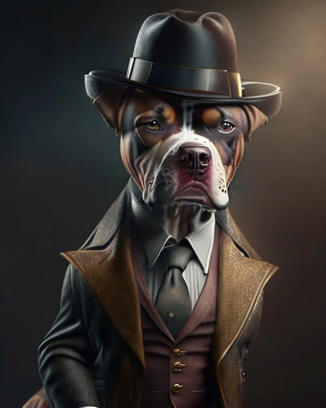 Perro medio humano con traje sombrero elegante detallado cuerpo humano completo pantalones zapatos 4k