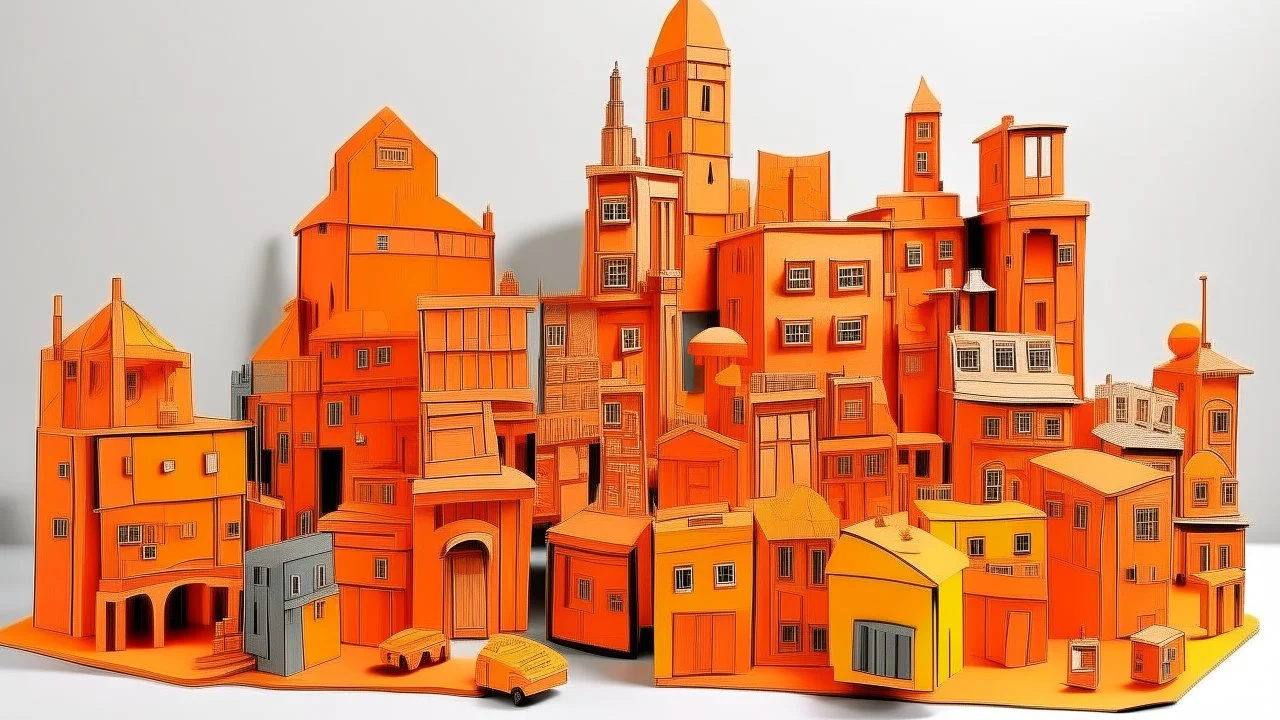 An orange colored district made out of toys painted by Pablo Picasso