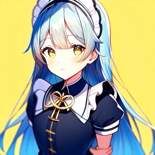 portrait anime maid, long hair, hyper detailed, intricately detailed, looking at viewer, arms behind back pose, blue short pants, yellow blouse with a knot on the bottom, lemon background, air bubbles, summer vibe, close up shot, ambiguous lines image, flat dimensional style, flat lines, rough drawing --ar 2:3