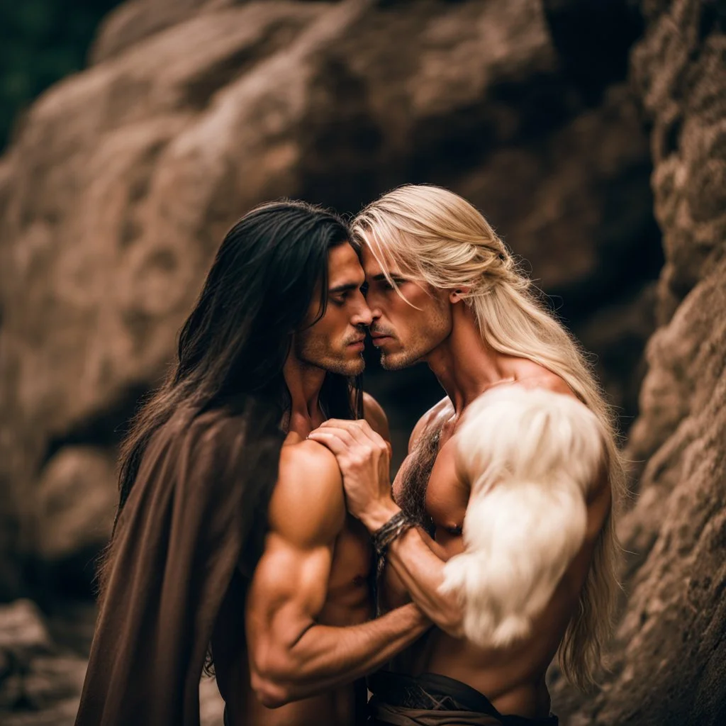 muscular male mountain man with long dark hair, shirtless, whispering in ear of a petit female with long blonde hair, dark fantasy,