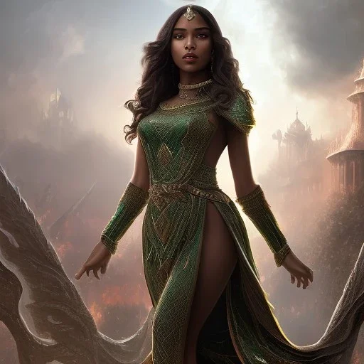 fantasy setting, insanely detailed, dark-skinned woman, indian, green wavy hair, warrior,