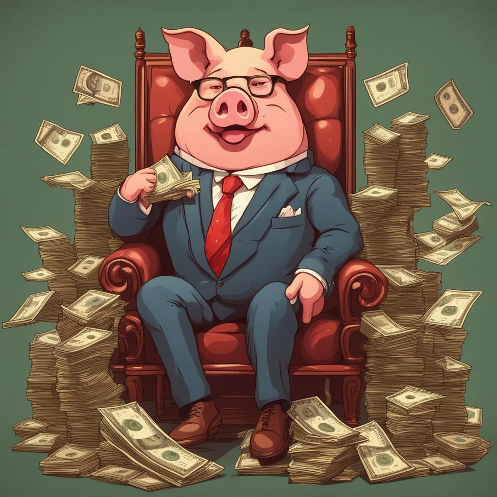 rich pig in suit on a throne making stacks of money by making a deal with a buisnessman. background of musicians