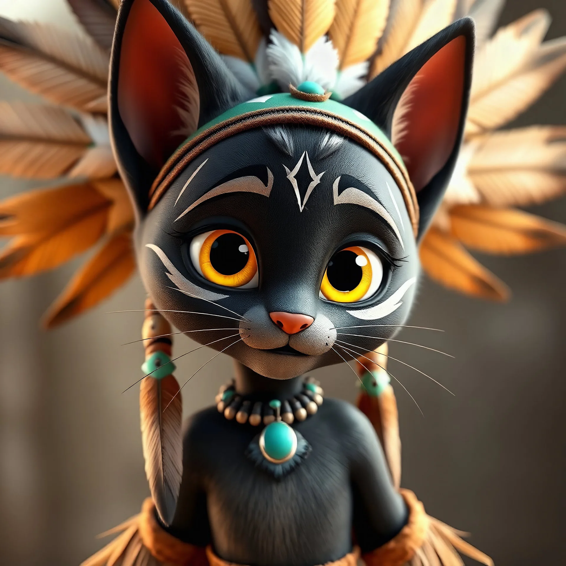 A 3d pixar cartoon of an all black female bombay kitten with yellow eyes dressed like disneys animated pocahontas. She has tribal paint on her face, and a large feathered headdress Close up bust picture