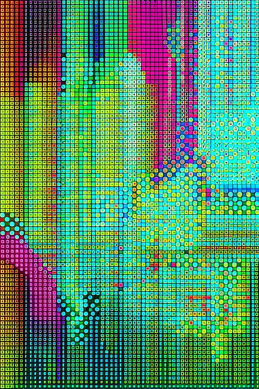 SQUARE GRID ABSTRACT LINES AND DOTS DANCING FULL COLOUR STYLE OF HIROKU OGAI