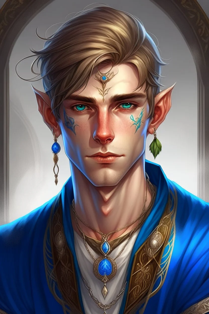 a wealthy half-elf young man with pointy ears and blue eyes, wears lots of jewelry