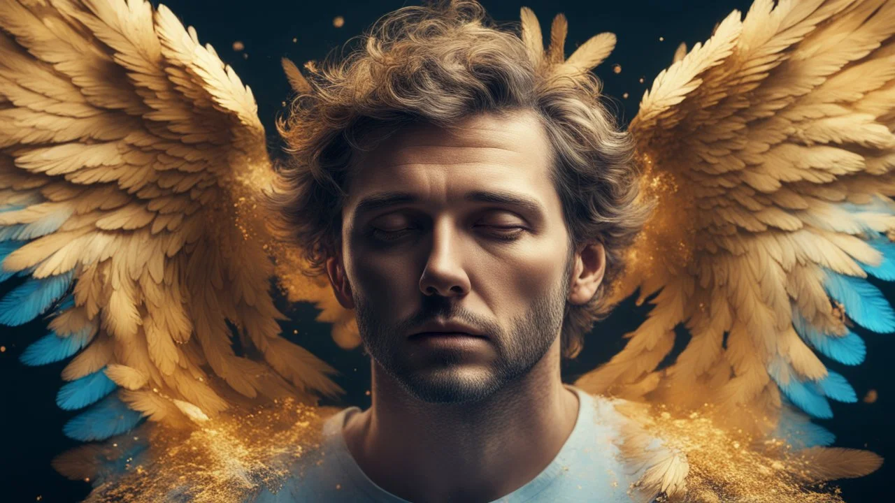 35-year-old man, sad angel, fine rendering, high detail, 8K, bright colors, HD photography, gold, flying feathers, double exposure