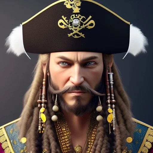 old pirate,detailed eyes, disturbed expression.intricate detaile,thnically accurate face, intricate head dress,detailed 1800 pirate suite, detailed hair, detailed feathers, use dynamic palette, accurate proportions, high contrast black smokey bokeh background.studio ghibli,andrea bonelli, style.