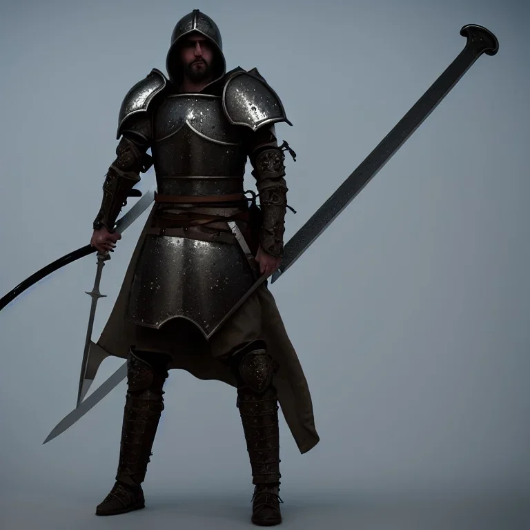 badass crusader warrior with sword, atmospheric, realistic, unreal engine, cinematic lighting, octane render.