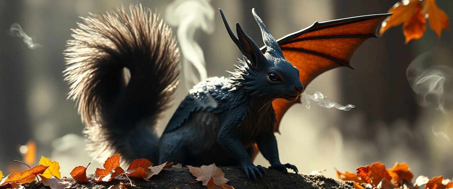 squirrel black dragon in autumn, breathing smoke