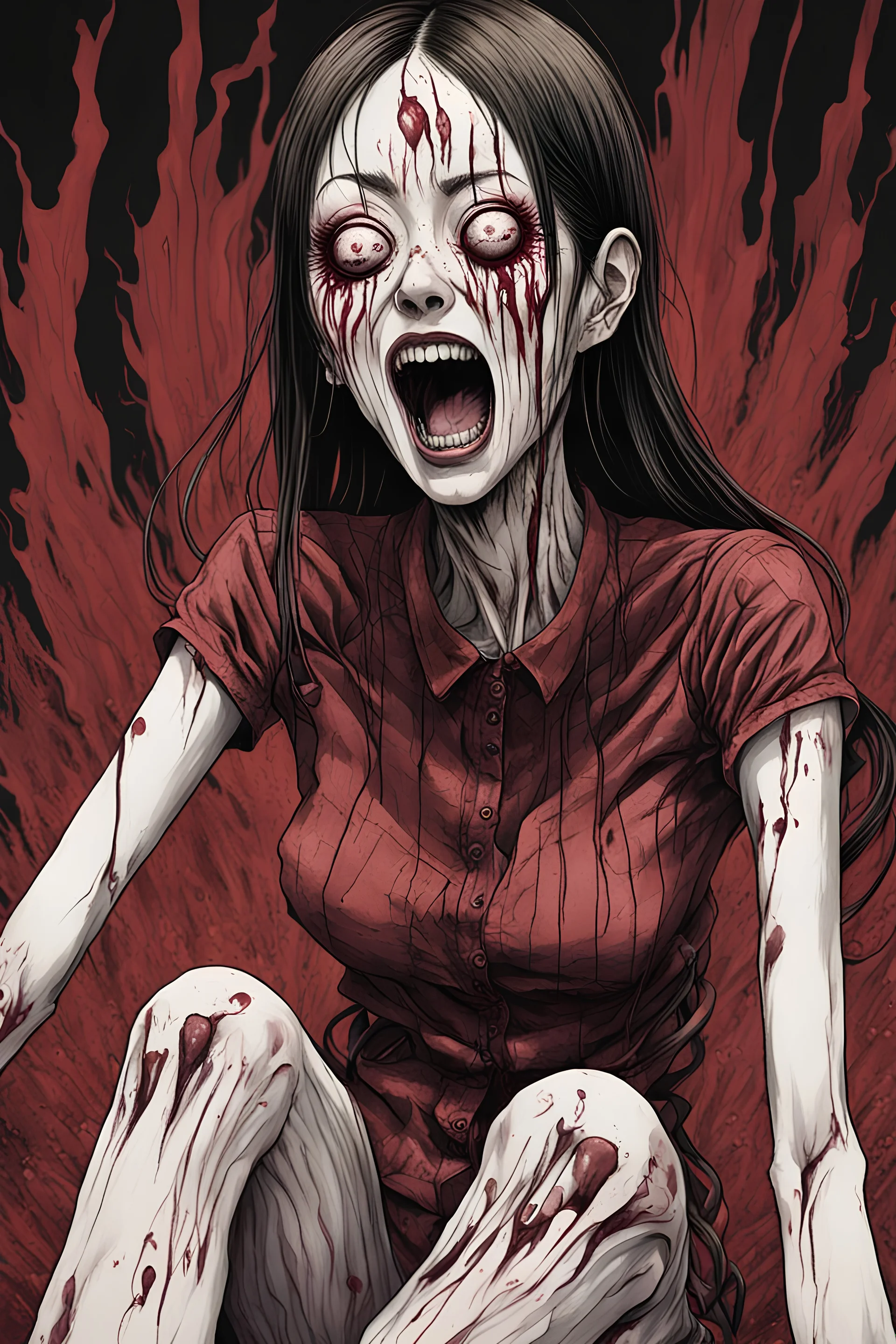 woman tall fullbody with 4 eyes, face distorted with pain, screaming, tears streaming from eyes, siting pose, fullbody, Junji Ito style, darkred tones,