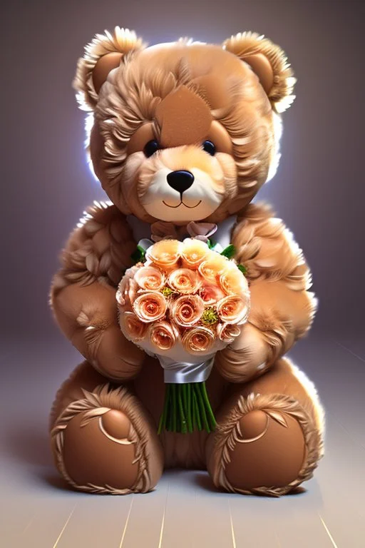 A light brown smiling teddybear holding a bouquet of flowers. His fur is realistic. The background is a romantic Italian restaurant bokeh digital painting extremely detailed studio lighting crisp quality and light reflections 8k cinematic lighting portrait photorealistic ultra detailed cinematic postprocessing focused